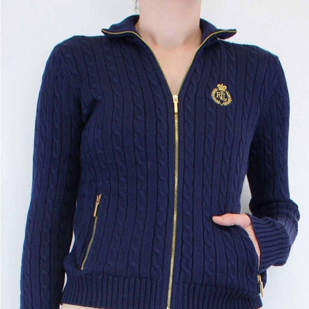 RALPH LAUREN 100% Cotton Navy and Gold Zipper Cable Knit Jacket Size Large